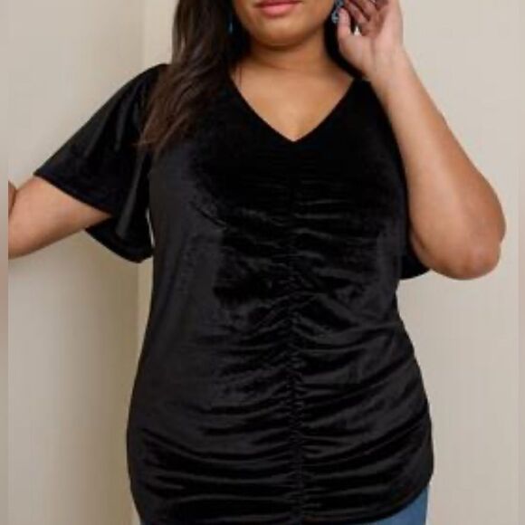 Torrid black velvet shirred-front stretch flutter sleeve top - Picture 2 of 5